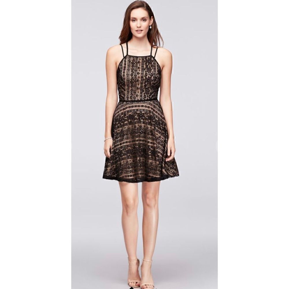 City triangles linear lace fit-and-flare dress with double straps nude black 18